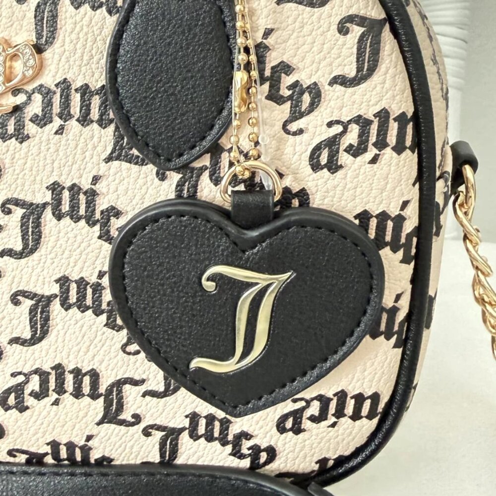 NWT Juicy Couture Gothic Logo Crossbody Satchel Bag Heart Charm Beige & Black - Picture 9 of 15